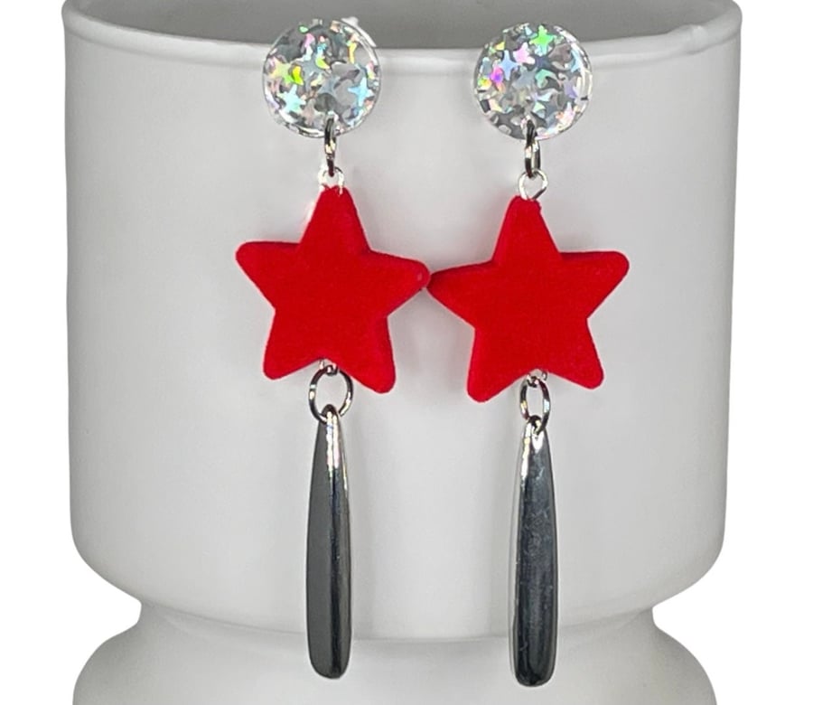 HOLOGRAPHIC STAR EARRINGS red disco FESTIVAL flock resin chrome drop statement
