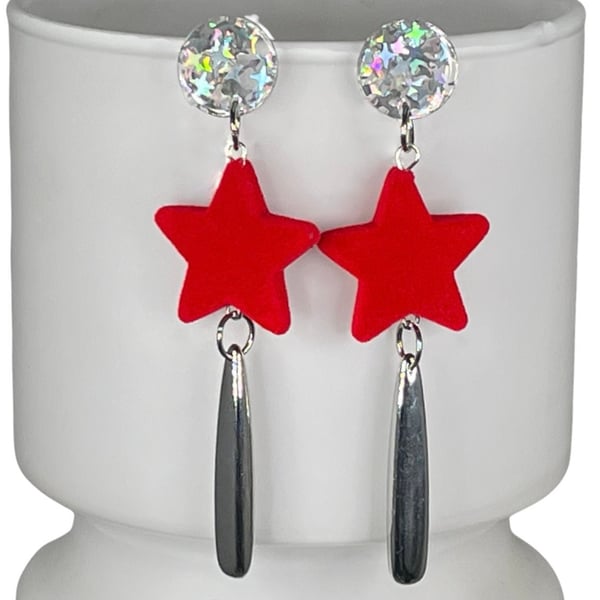 HOLOGRAPHIC STAR EARRINGS red disco FESTIVAL flock resin chrome drop statement