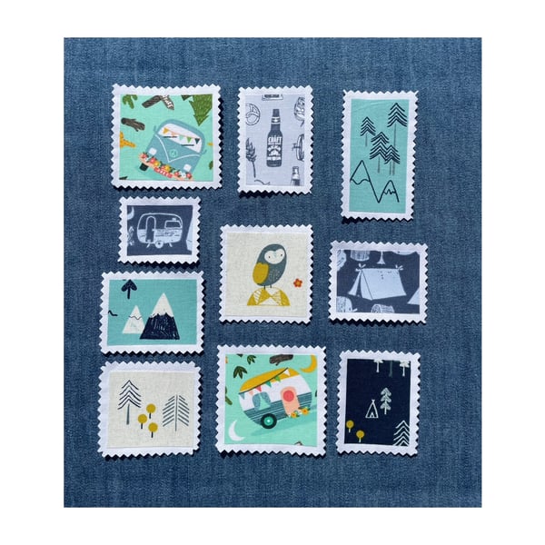 Fabric Postage Stamps - Camping adventure