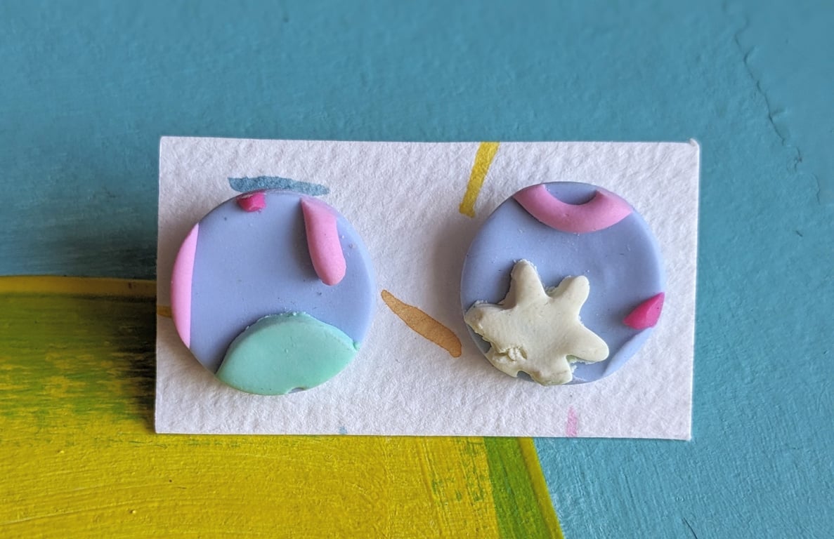 Pastel blue, yellow, pink and green polymer clay earrings, studs