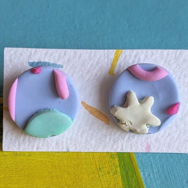 Pastel blue, yellow, pink and green polymer clay earrings, studs