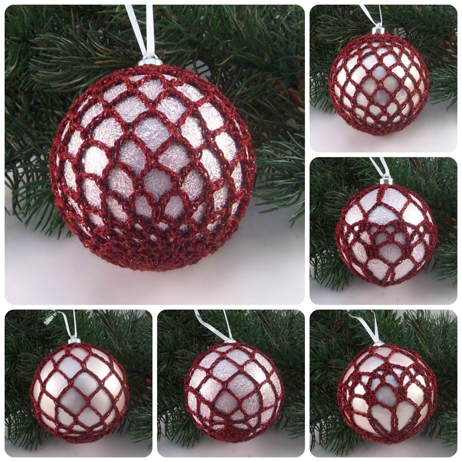 Christmas baubles boxed set of 6 large decorated with crochet lace (A43)