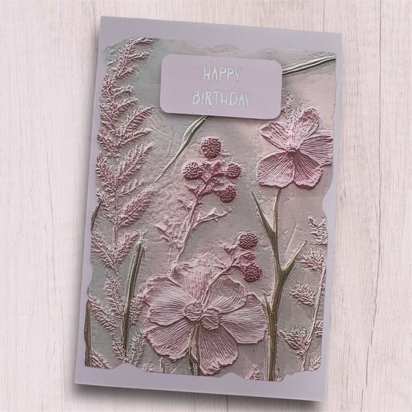 Happy birthday card, lilac, purple, silver and pink floral, embossed, flowers