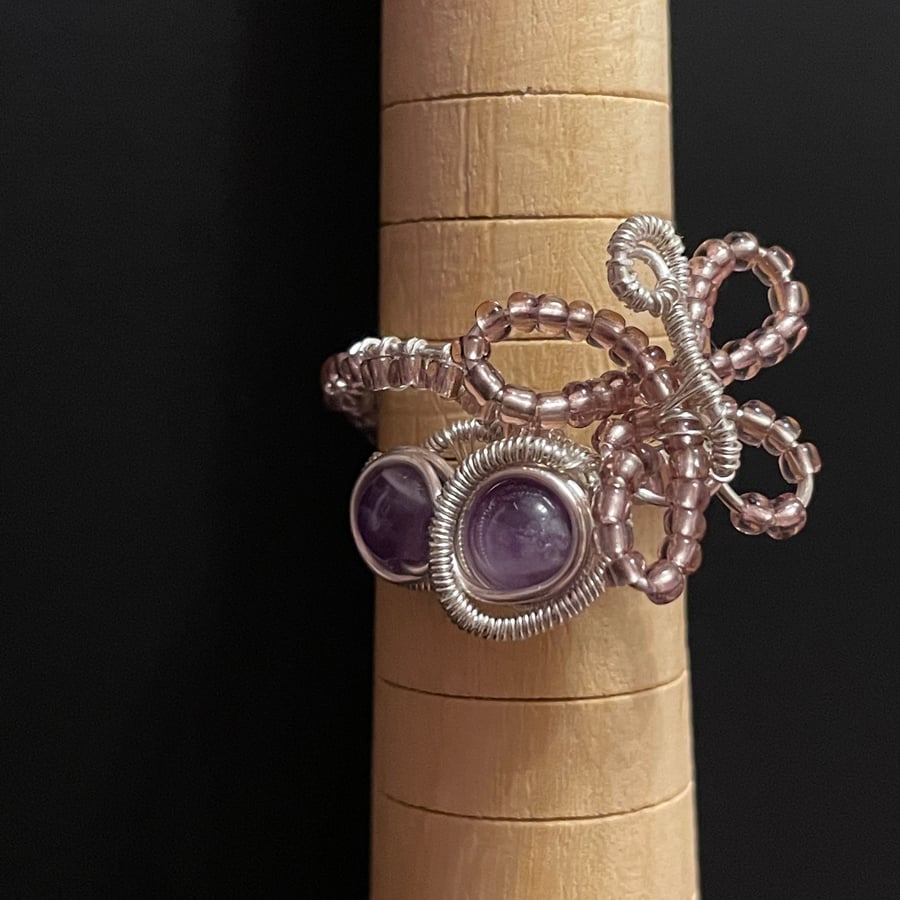 Adjustable Amethyst Butterfly Ring - Handmade
