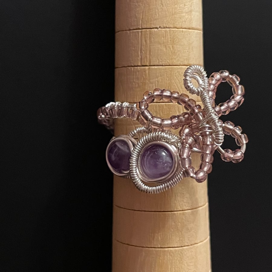 Adjustable Amethyst Butterfly Ring - Handmade