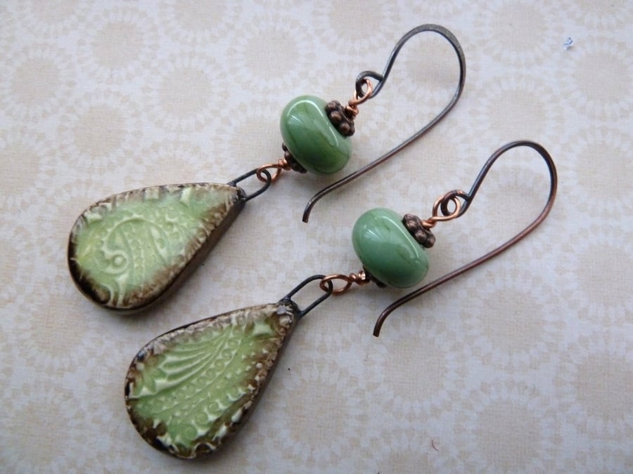 handmade copper and ceramic green earrings