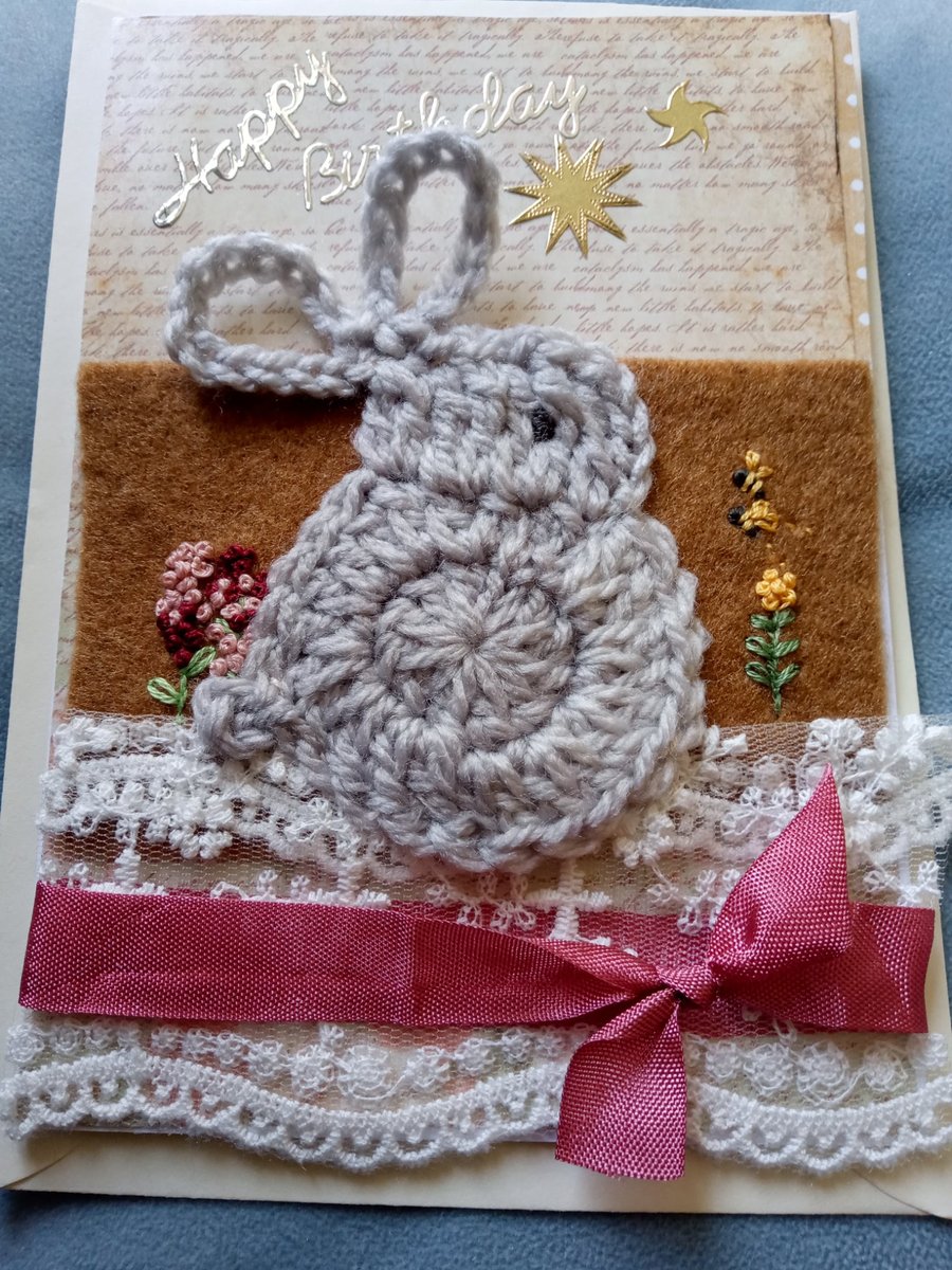 Pretty Cosy Crochet Rabbit Card - Embroidery Rabbit Card - Birthday Card