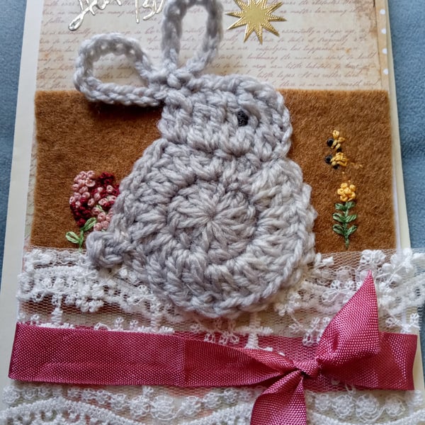 Pretty Cosy Crochet Rabbit Card - Embroidery Rabbit Card - Birthday Card