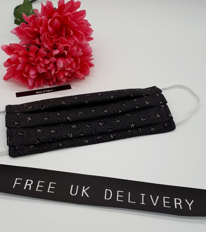 Face mask, large, 3 layer,  machine washable in black flower dot cotton fabric 