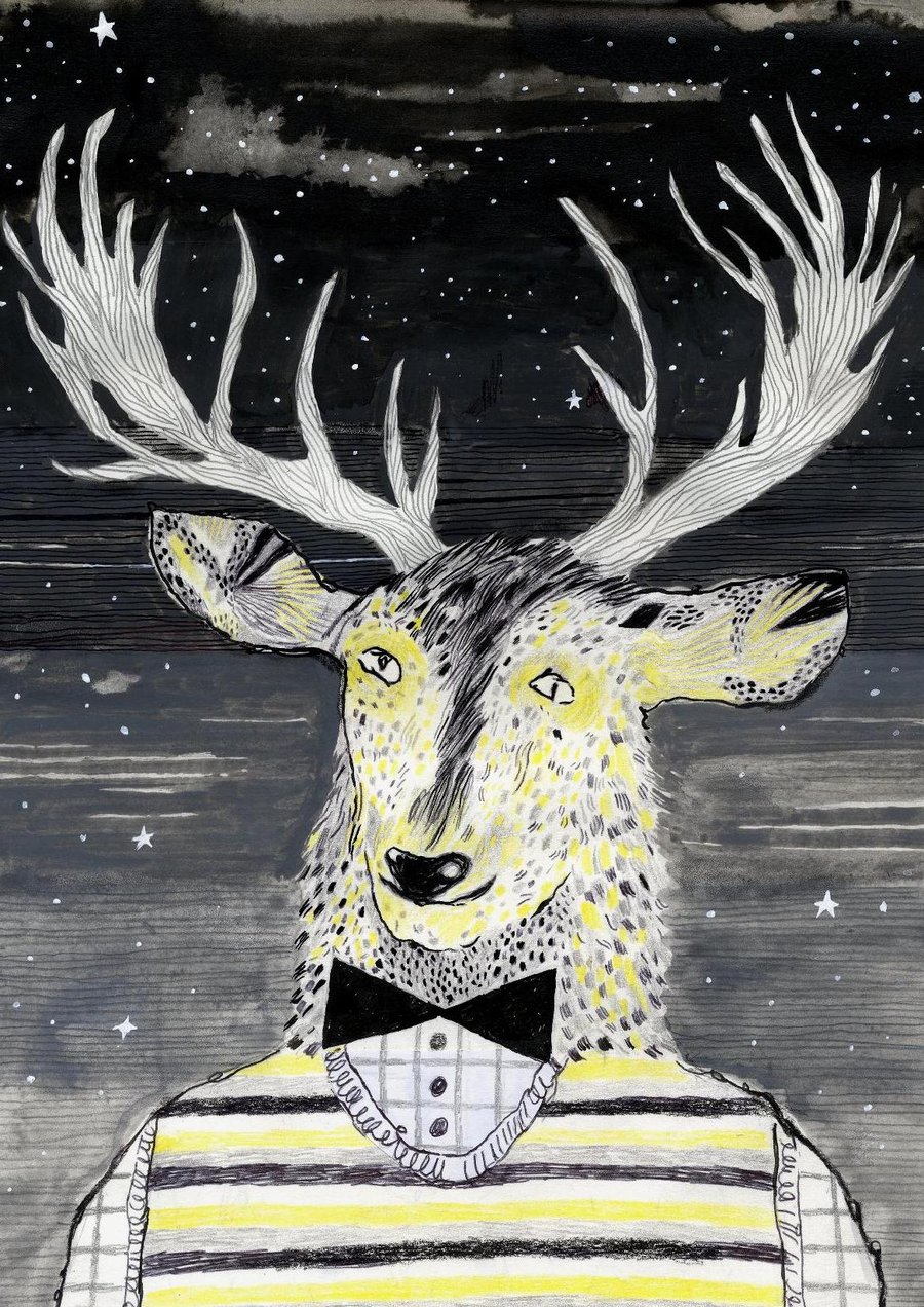 Big Discount! The Golden Stag in a striped tanktop A3 Print 