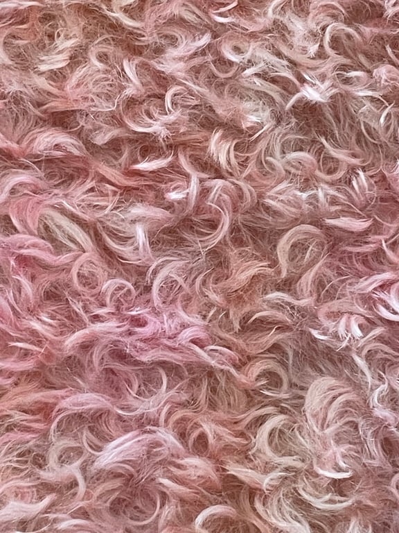 Hand dyed Helmbold mohair fur fabric "Raspberry Ripple" on 25mm Baby Pink