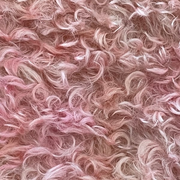 Hand dyed Helmbold mohair fur fabric "Raspberry Ripple" on 25mm Baby Pink