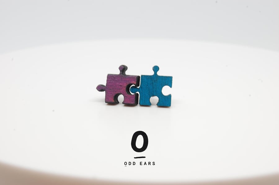 Tiny Mismatched Jigsaw Puzzle Piece Earrings - Handmade Wooden Studs Quirky Gift