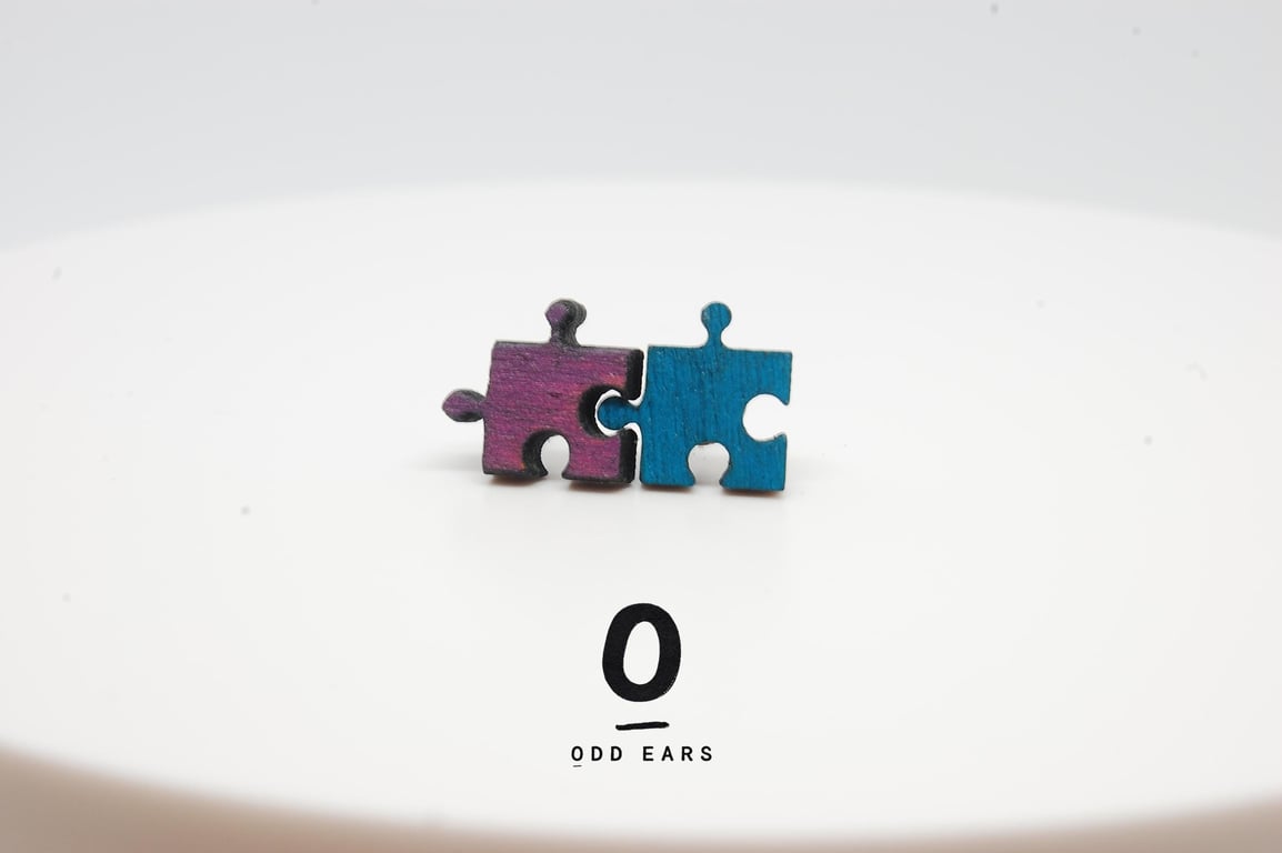 Tiny Mismatched Jigsaw Puzzle Piece Earrings - Handmade Wooden Studs Quirky Gift