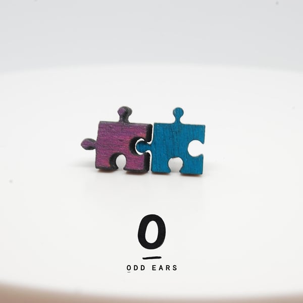 Tiny Mismatched Jigsaw Puzzle Piece Earrings - Handmade Wooden Studs Quirky Gift