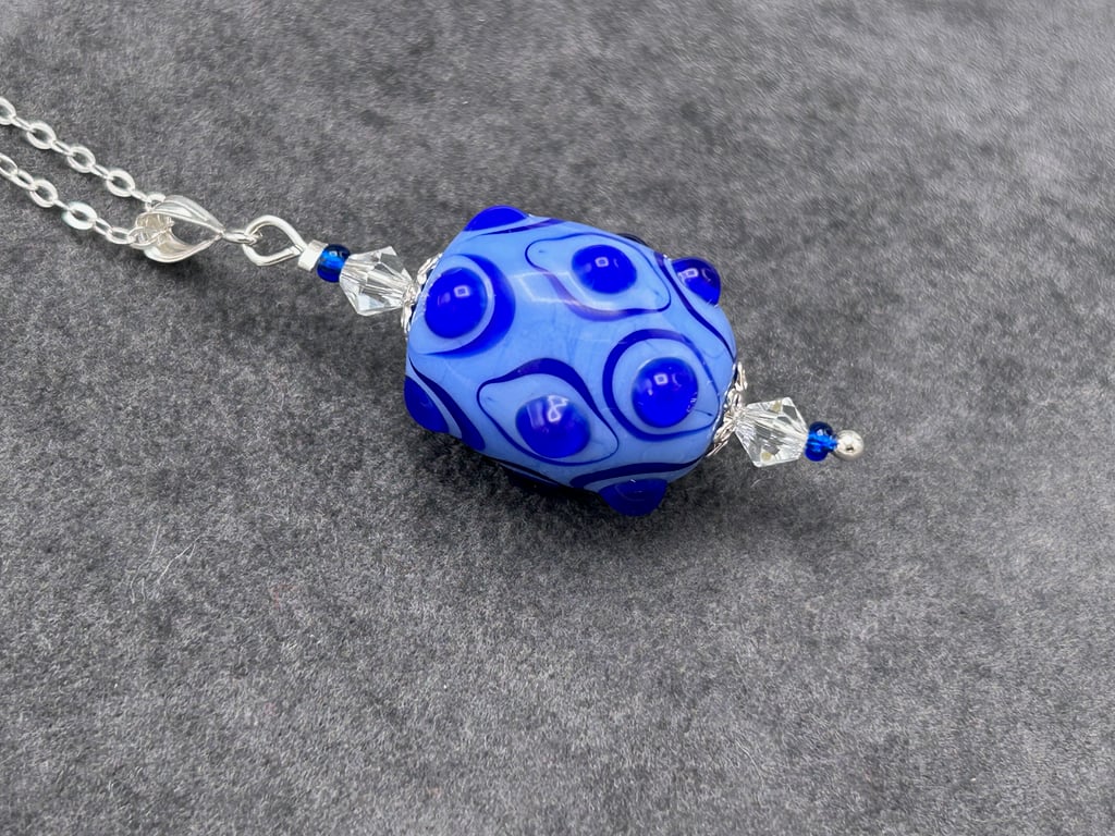 periwinkle and cobalt blue spotted oval lampwork glass pendant necklace