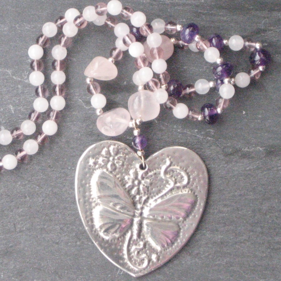 REDUCED! Silver Pewter Butterfly Necklace with Rose Quartz