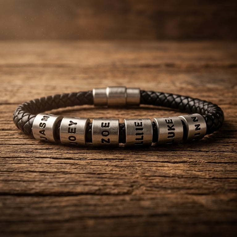 Personalised Mens Leather Bracelet with Six Name Rings – Gift for Dad