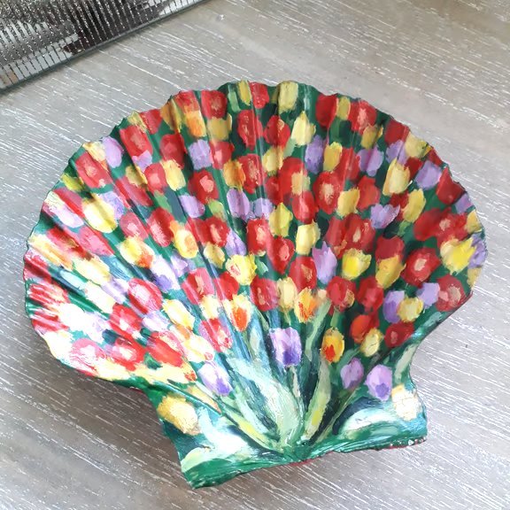 Tulip field handpainted scallop shell Trinket dish.  