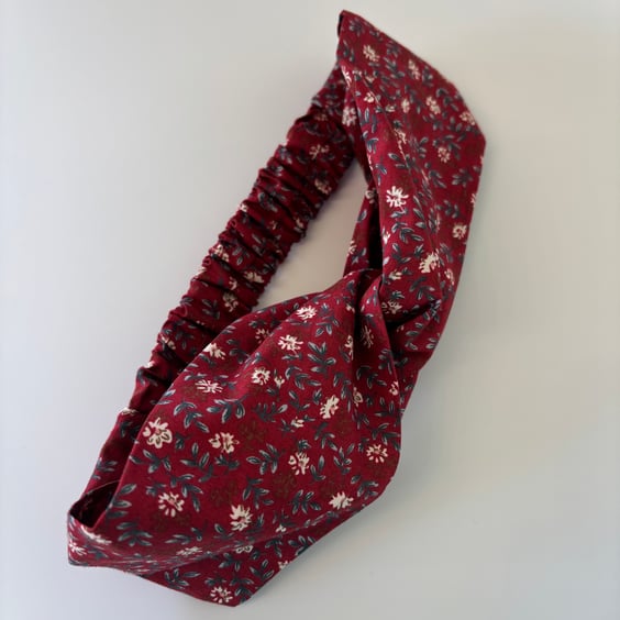 Cotton headband, twist knot style hairband in wine with delicate floral print