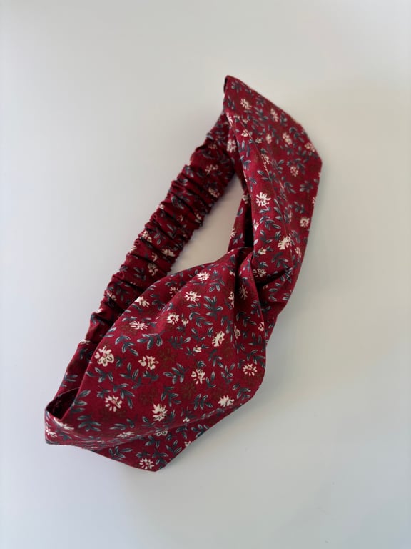 Cotton headband, twist knot style hairband in wine with delicate floral print