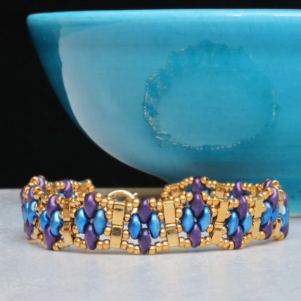 SuperDuo Narrow Cuff Bracelet in Purple, Blue and Gold