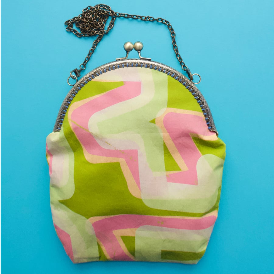 Hand painted fabric large purse or small hand bag - green and pink