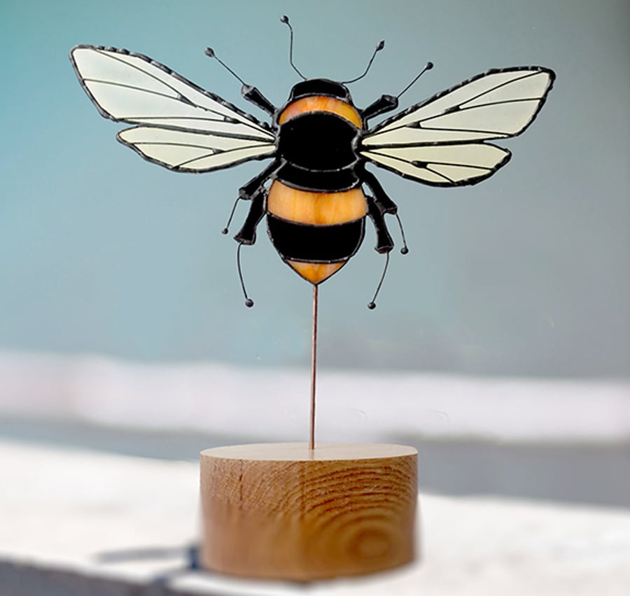 Stained Glass Art Queen Bumble Bee on solid hand turned wood base