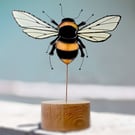 Stained Glass Art Queen Bumble Bee on solid hand turned wood base