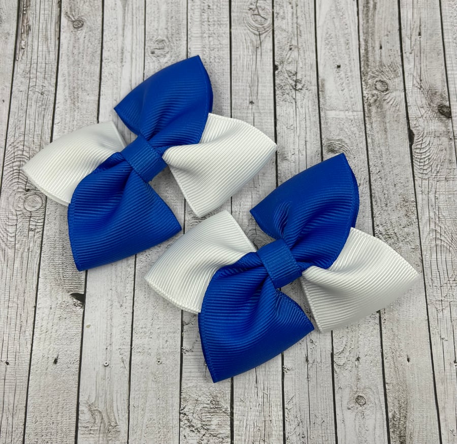 Royal Blue and White Square Double with Bows on Clips (pair)