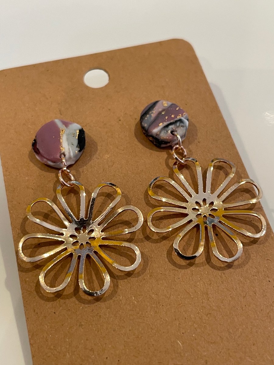 Handmade Polymer Clay Earrings Marble effect with Flower Charm