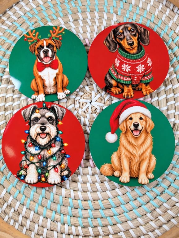 Christmas Dog Coasters Set of 4 – Festive Boxer Dachshund Schnauzer Golden