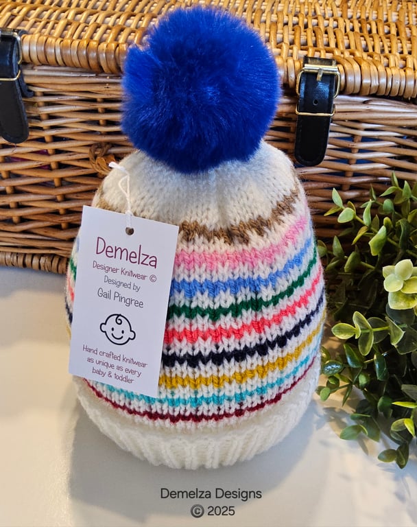 Designer Toddler's Hand Knitted Pompom Beanie Hat 1-2 Years Size