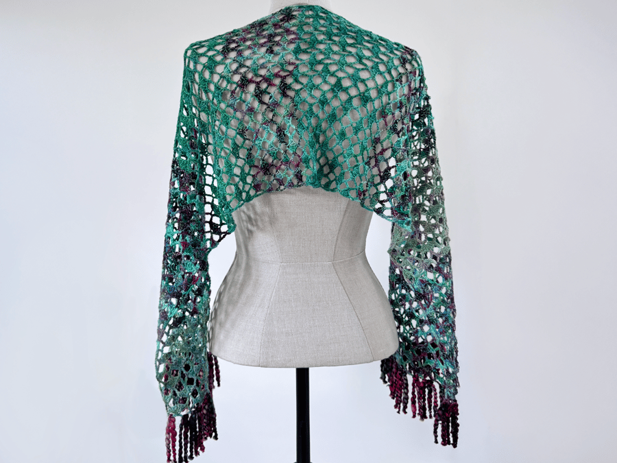 Delicate Merino Wool Shawl - Sea greens and blues with vibrant fringe