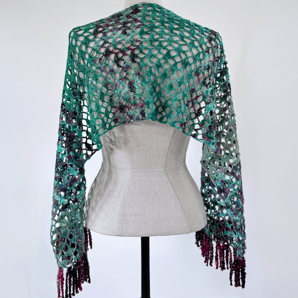 Delicate Merino Wool Shawl - Sea greens and blues with vibrant fringe