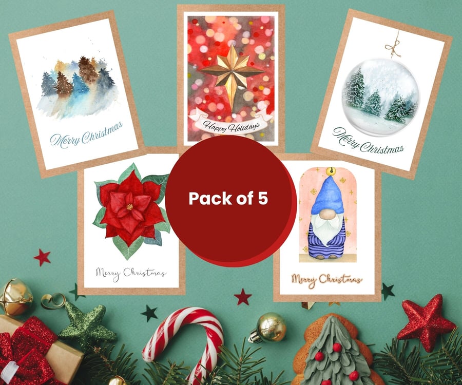 Pack of 5 Christmas cards, A6 original watercolour illustrations