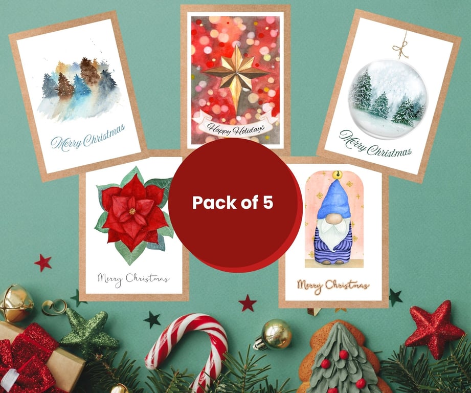 Pack of 5 Christmas cards, A6 original watercolour illustrations