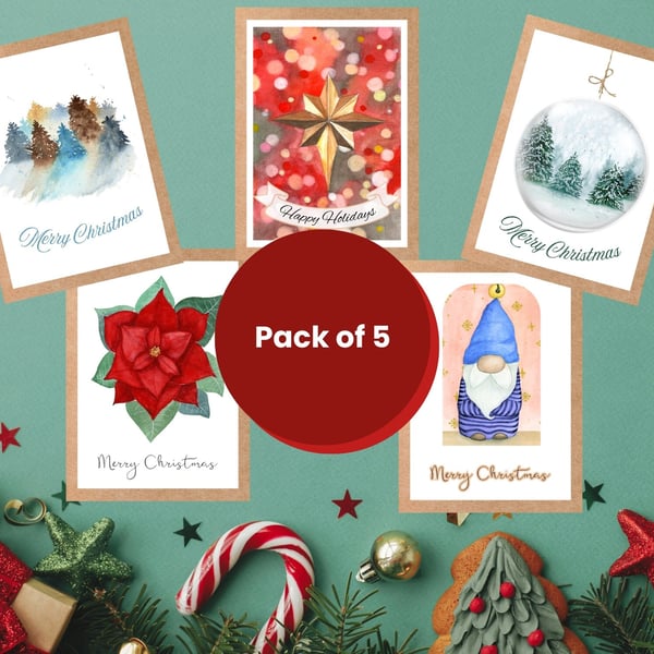 Pack of 5 Christmas cards, A6 original watercolour illustrations