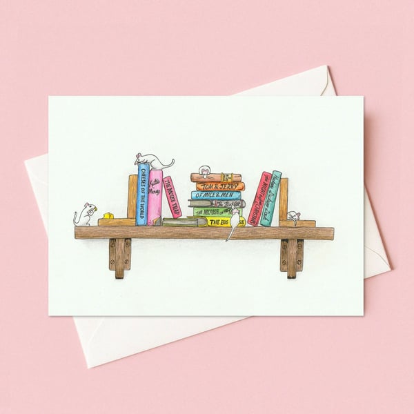 Cute Mice Greeting Card: Cute Mice on a Book Shelf Birthday Card (205)