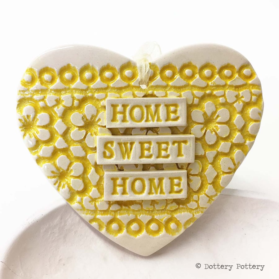 Ceramic heart hanging decoration Pottery Heart  Home Sweet Home Flower pattern