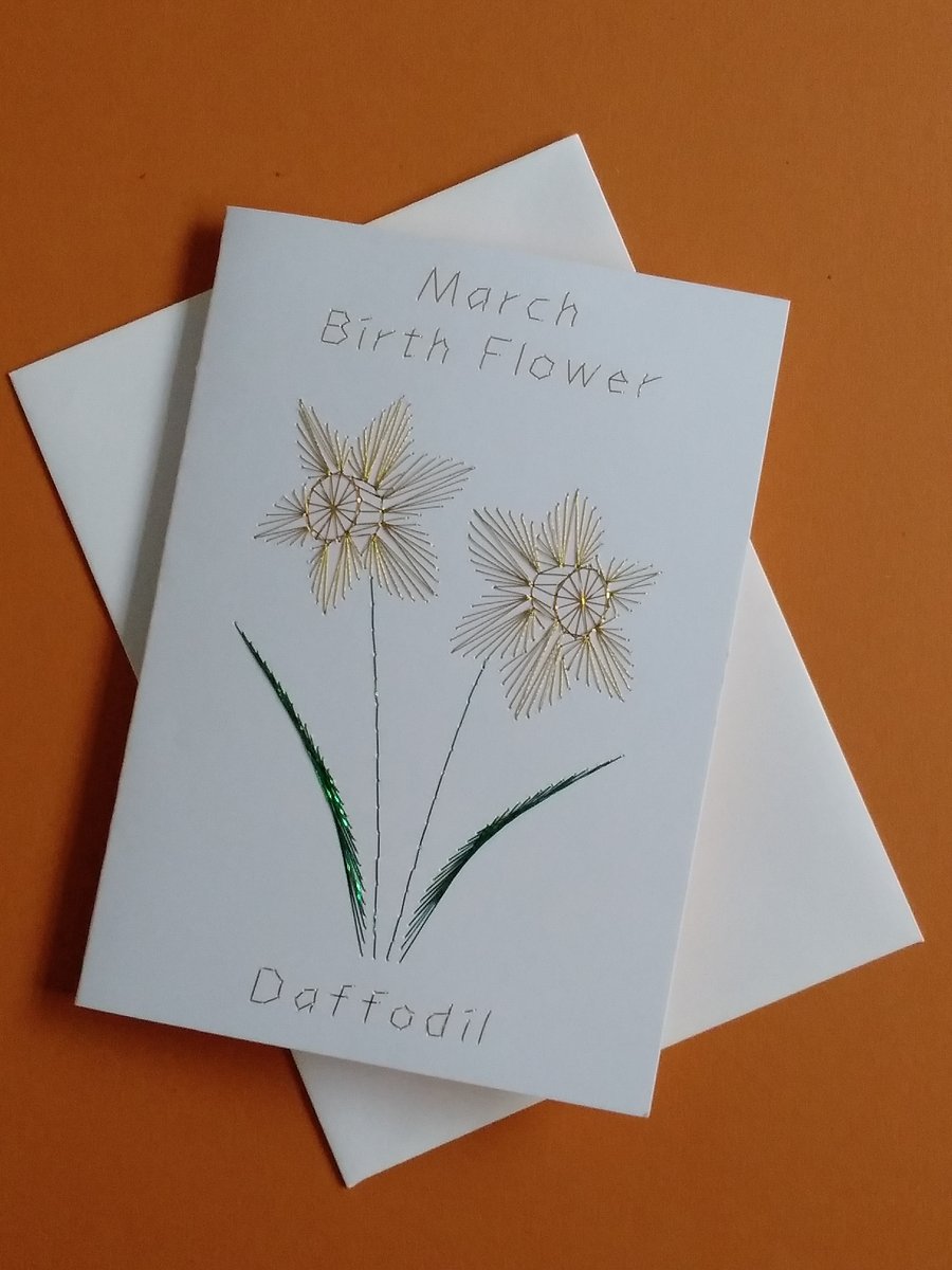 Hand Embroidered Daffodil March Birth Flower Greetings Card.