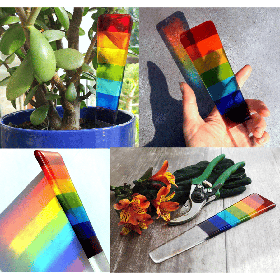 Handmade Fused Glass Rainbow Plant Stake - Colourful Plant Pot Sun Catcher