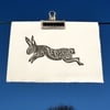 ORIGINAL lino cut print "Spiral Rabbit in Black"