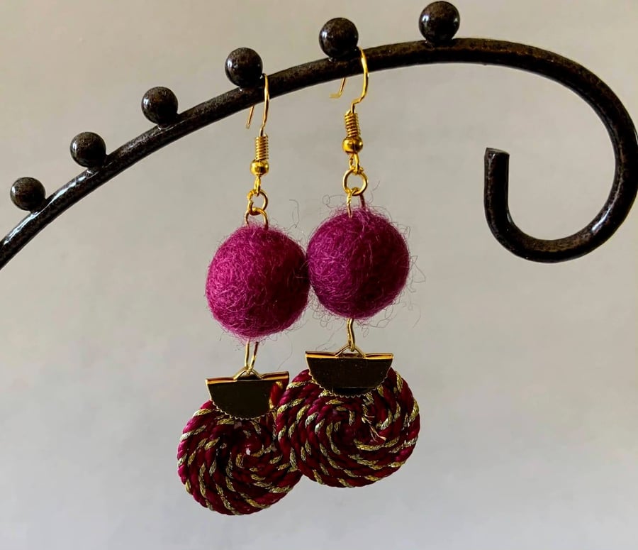 Merino Wool ball and spiral earrings