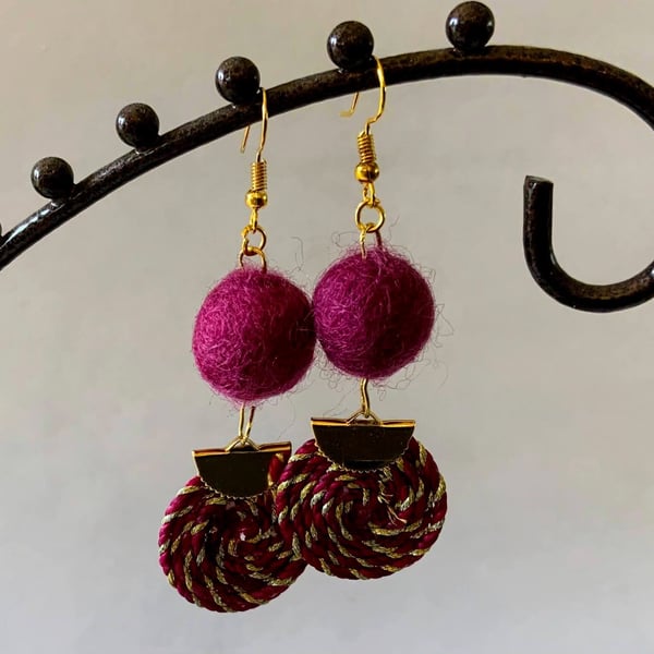 Merino Wool ball and spiral earrings