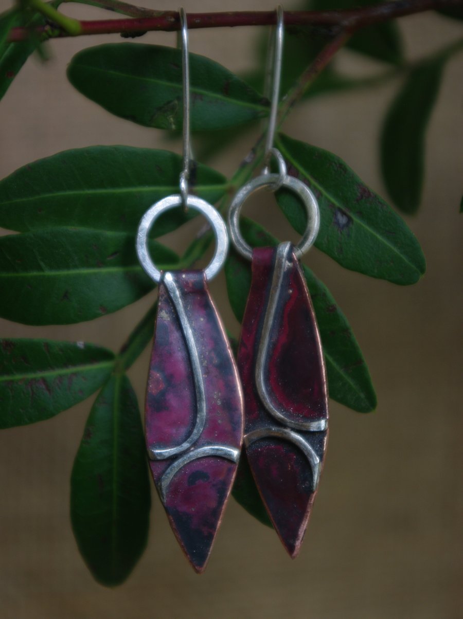 Copper and Silver Leaf Drop Earrings