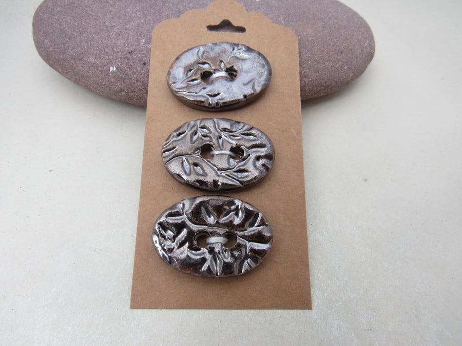 3 Medium Oval Bronze Leaf Pattern Handmade Ceramic Buttons