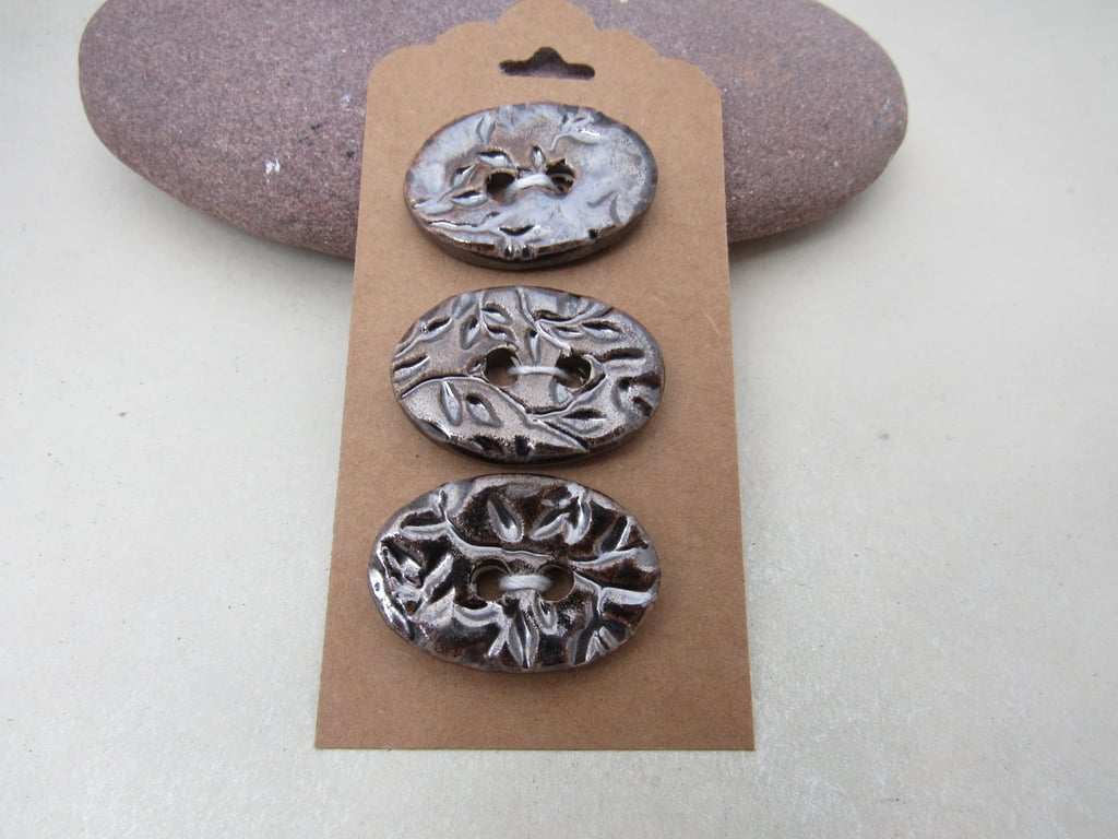 3 Medium Oval Bronze Leaf Pattern Handmade Ceramic Buttons