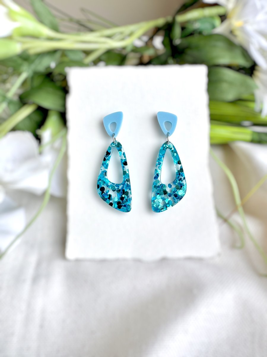Asymmetric Blue Glitter Chunky Hoop Dangle Earrings