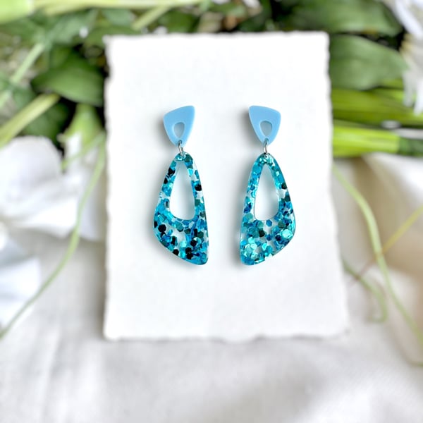 Asymmetric Blue Glitter Chunky Hoop Dangle Earrings